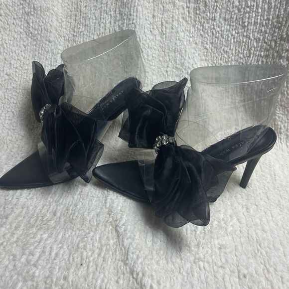 Azalea Wang clear plastic straps Black Heel sandals bow rhinestones accent SZ8.5 - Picture 4 of 10